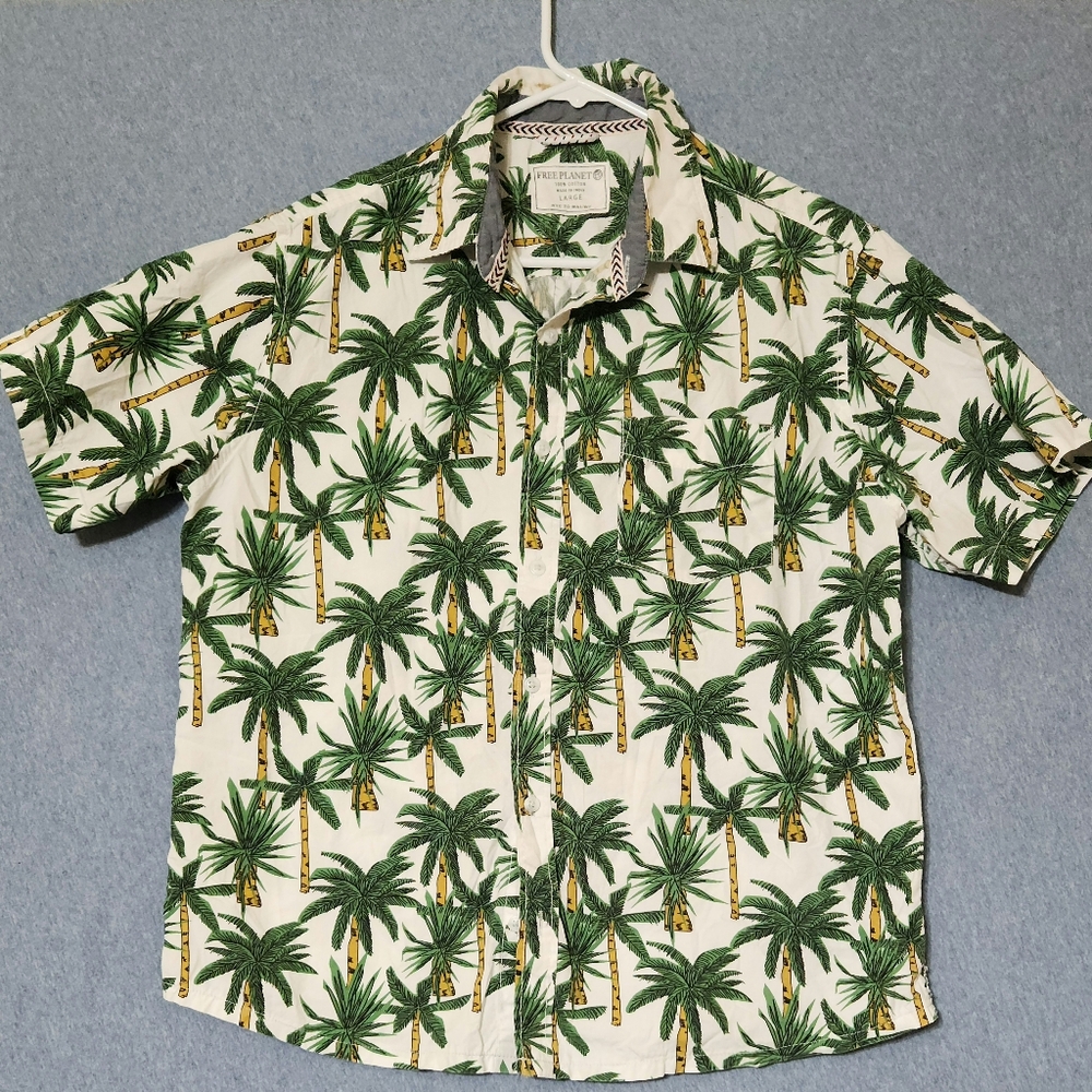 Free Planet cream palm tree print short sleeved button down shirt. Size large